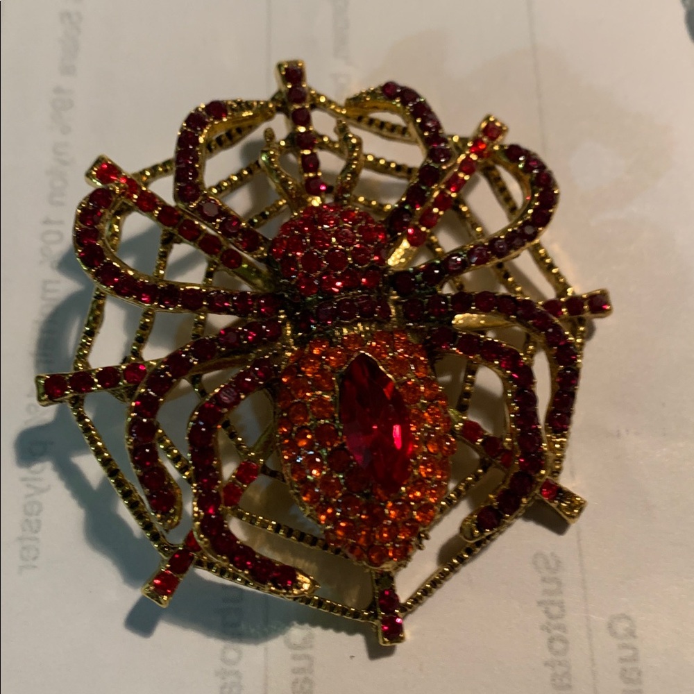 Large Red and Gold Tone Spider Rhinestone & Spiderweb Brooch